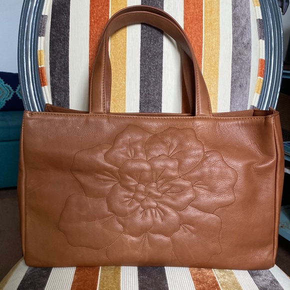 Anne Fontaine Handbags - Anne Fontaine Floral Embossed Full Grain Leather Zip Tote